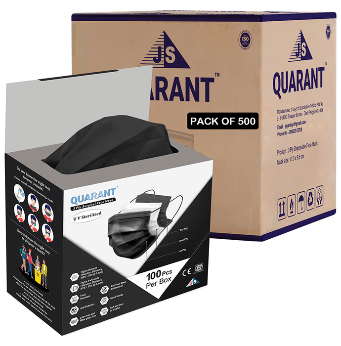 Quarant 3 Ply Disposable Surgical Face Mask with Adjustable Nose Pin, UV Sterilized (100 Each) Black