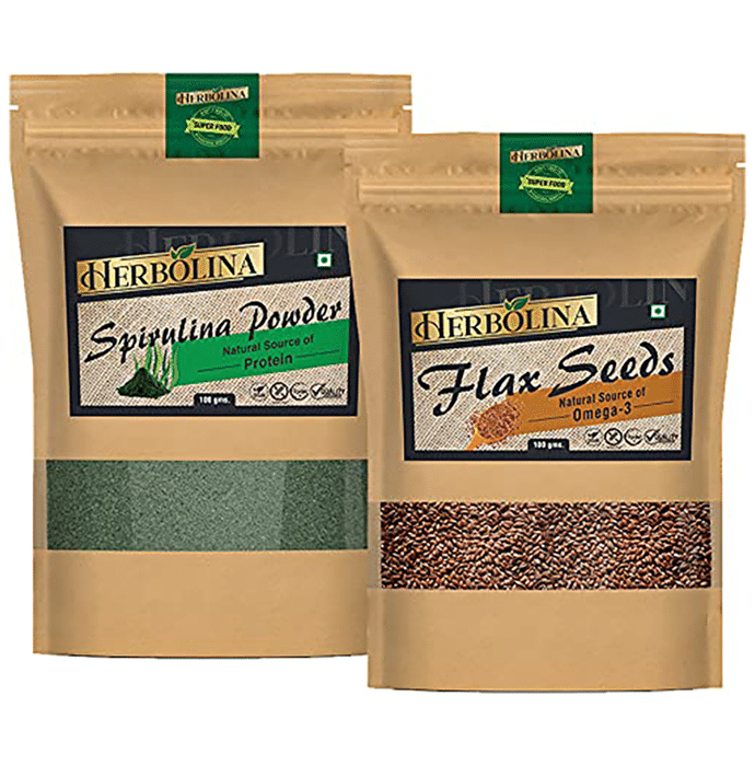 Herbolina Combo Pack of Spirulina Powder & Flax Seeds (100gm Each)