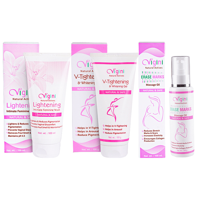 Vigini Combo Pack of V-Tightening & Whitening Gel 100gm, Erase Marks Massage Oil 100ml and Lightening Intimate Feminine Wash 100ml