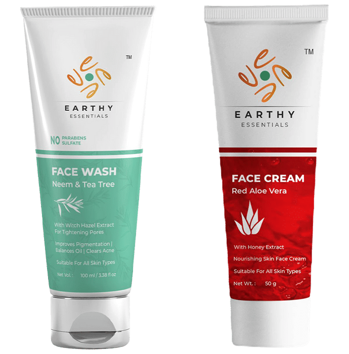 Earthy Essentials Combo Pack of Neem & Tea Tree Face Wash 100ml & Red Aloe Vera Face Cream 50gm