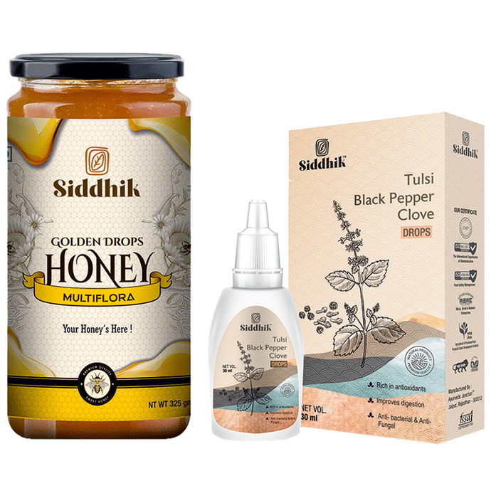 Siddhik Combo Pack of Golden Drops Multiflora Honey 325gm & Tulsi Black Pepper Clove Drop 30ml