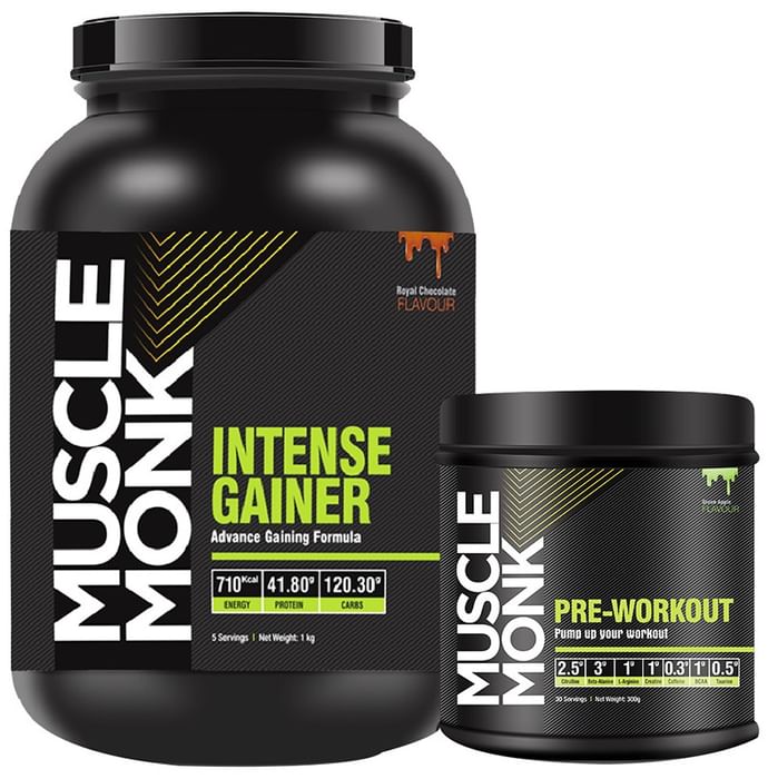 Muscle Monk Combo Pack of Intense Gainer Royal Chocolate 1kg & Pre-Workout Green Apple 300gm