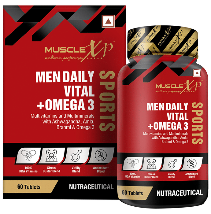 MuscleXP Men Daily Vital + Omega 3 Sprots Multivitamins and Multiminerals with Ashwagandha, Amla, Brahmi & Omega 3 Tablet (60 Each)