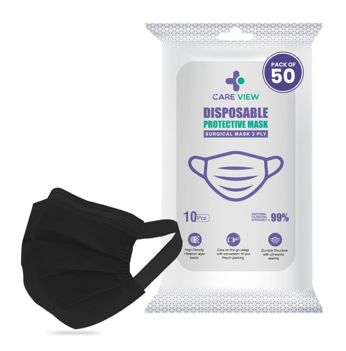 Care View 3 Ply Surgical Disposable Protective Mask with Soft Fabric Earloop (10 Each) Black
