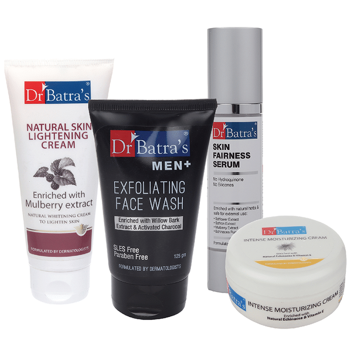 Dr Batra's Combo Pack of Men+ Exfoliating Face Wash 125gm, Natural Skin Lightening Cream 100gm, Skin Fairness Serum 50gm and Intense Moisturizing Cream 100gm