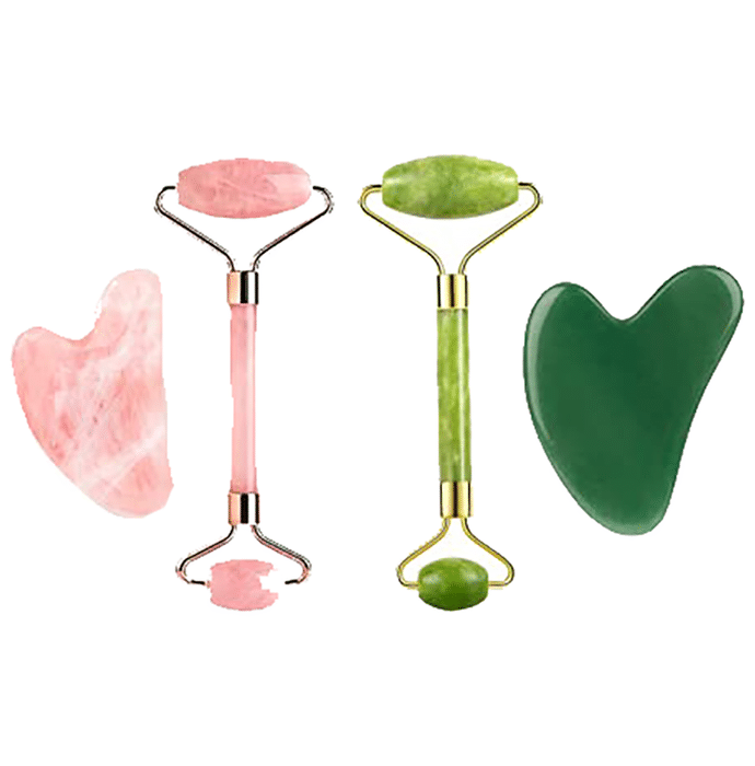 Get Me Craft Combo Pack of Rose Quartz Roller and Gua Sha Facial Massage with Jade Face Roller and Gua Sha Set