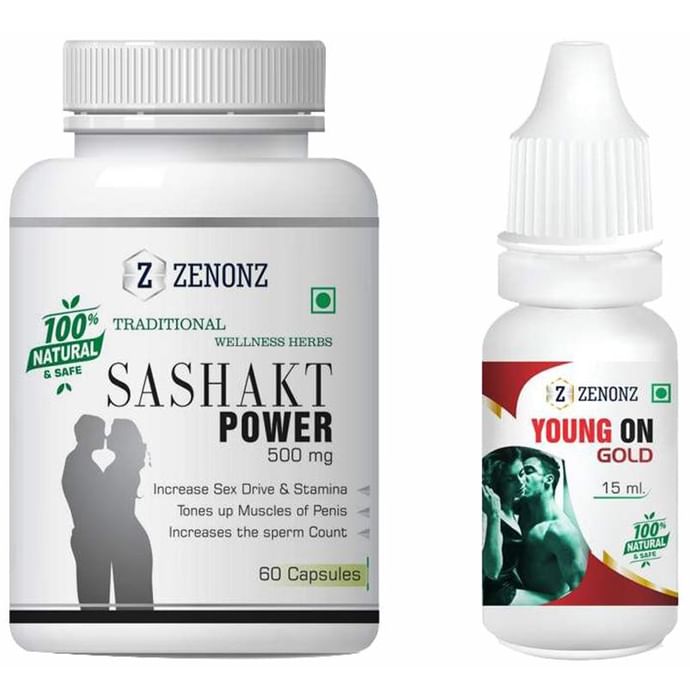 Zenonz Combo Pack of Sashakt Power 500mg, 60 Capsules & Young On Gold 15ml