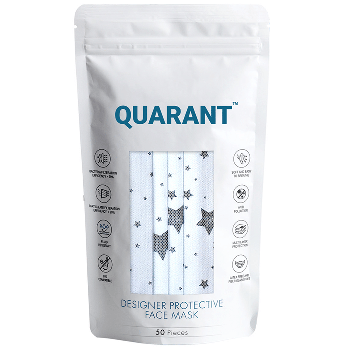 Quarant 4 Ply Designer Protective Face Mask Stary White Print White