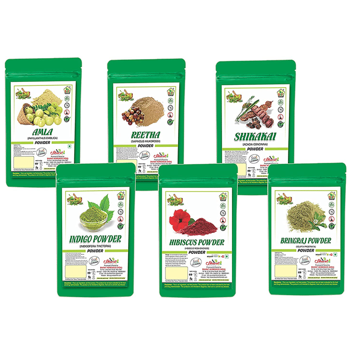 BHPI Bharat Combo Pack of Amla, Shikakai, Reetha, Indigo, Hibiscus & Bhringraj Powder (100gm Each)