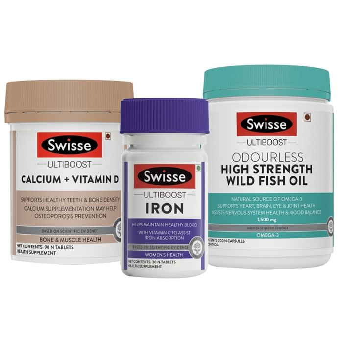 Health Essential Combo-Swisse Ultiboost Calcium+Vitamin D 90 Tablet, Ultiboost Odourless High Strength Wild Fish Oil 1500mg 200 Capsule & Ultiboost Iron 30 Tablet