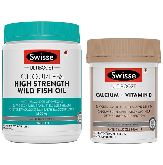 Swisse Combo Pack of Ultiboost Odourless High Strength Wild Fish Oil 200 Capsule & Ultiboost Calcium+Vitamin D 90 Tablet
