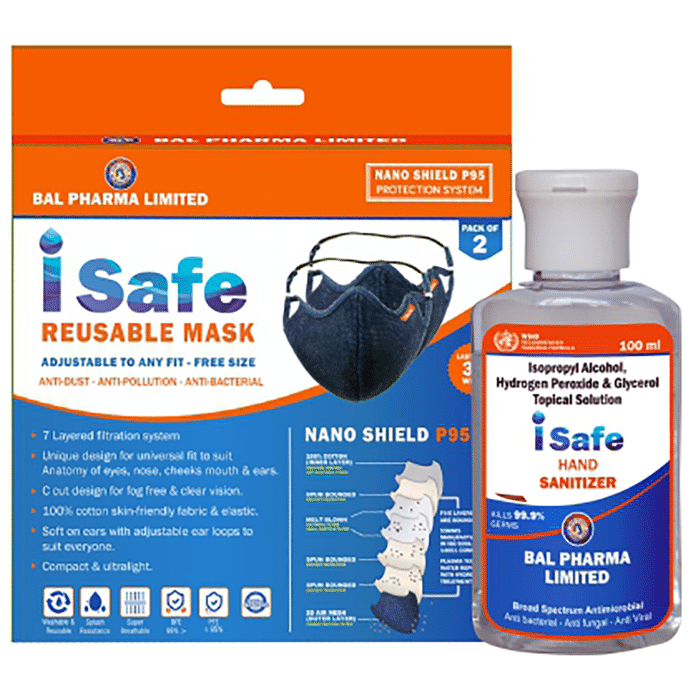 i Safe Nano Shield P95 Reusable Mask (Pack of 2) with 100ml Hand Sanitizer Free