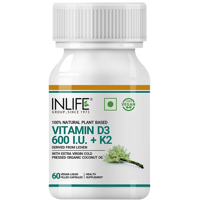 Inlife 100% Natural Plant Based Vitamin D3 600I.U. + K2 Vegan Liquid Filled Capsule