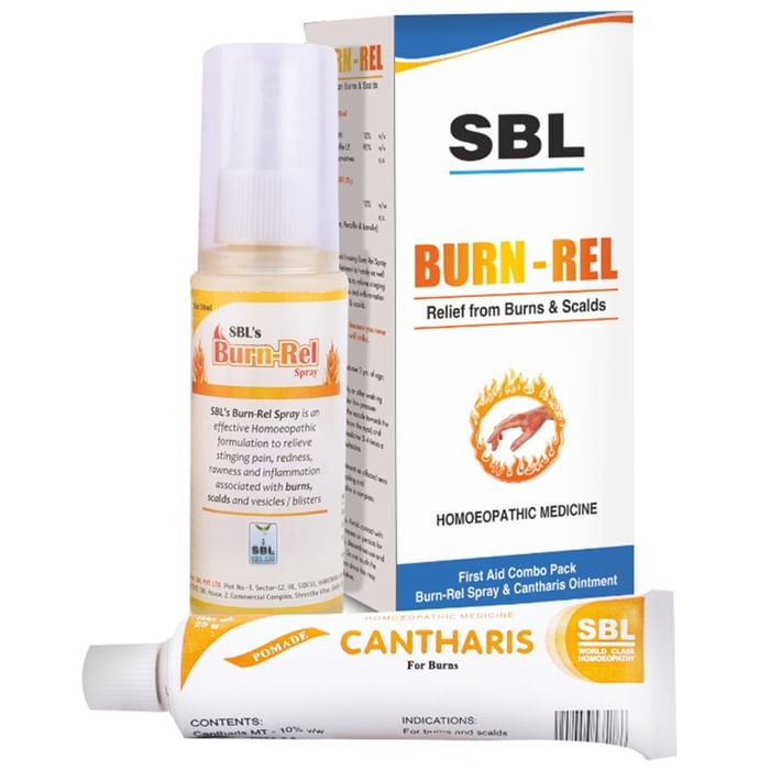 SBL Burn-Rel First Aid Combo Pack of Burn-Rel Spray 50ml & Cantharis Ointment 25gm