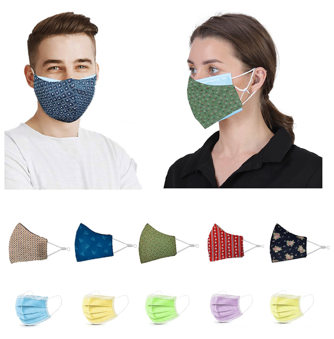 E-Tex Kawach Combo Pack of 5 Fashion Mask & 10 Surgical 3 Ply Face Mask Free Size Multicolor