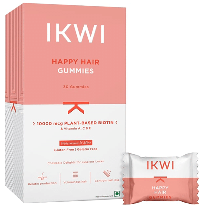 Ikwi Happy Hair 1000mcg Plant-Based Biotin & Vitamin A, C & E Gummies Watermelon & Mint