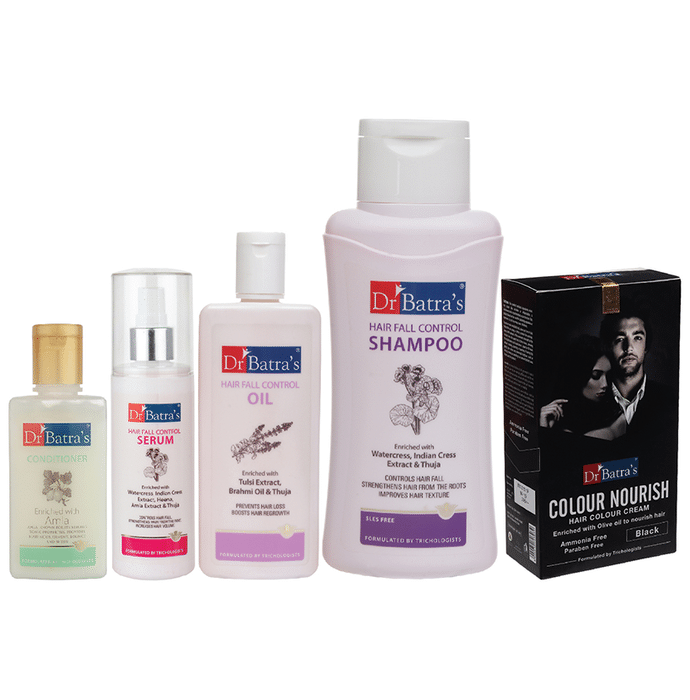 Dr Batra's Combo Pack of Hair Fall Control Serum 125ml, Conditioner 100ml, Hair Fall Control Oil 200ml, Hair Fall Control Shampoo 500ml and Colour Nourish Hair Colour Cream 120gm Black