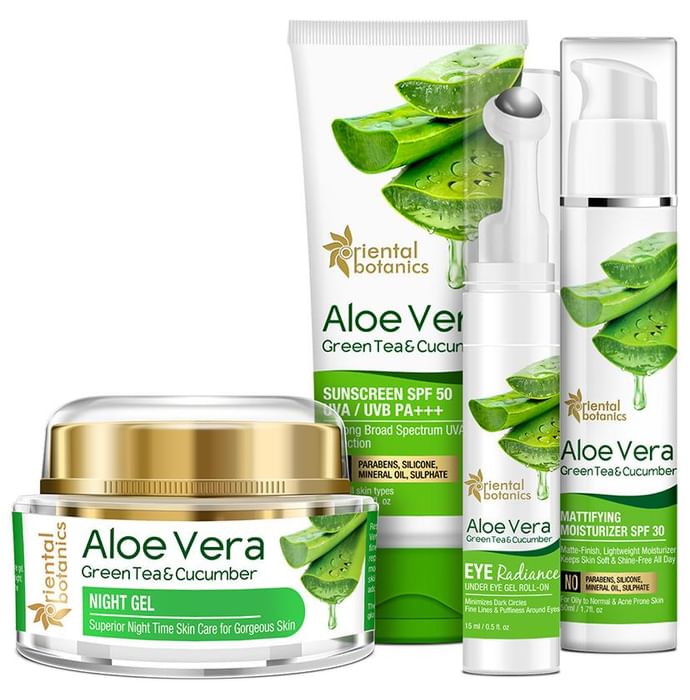 Oriental Botanics Daily Essential Kit (Aloe Vera Green Tea & Cucumber Night Gel 50gm, SPF 50 Sunscreen 100ml, Under Eye Gel Roll-On 15ml and SPF 30 Mattifying Moisturizer 50ml)