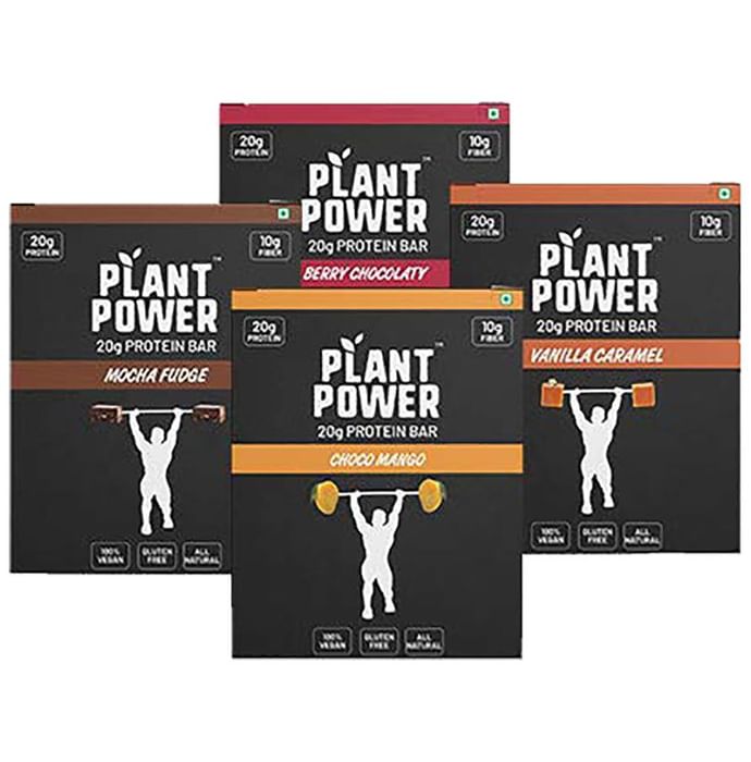 Plant Power 20gm Protein Bar (72gm Each) Variety Pack - Choco Mango + Berry Chocolaty + Vanilla Caramel + Mocha Fudge