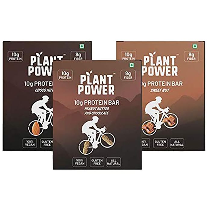 Plant Power 10gm Protein Bar (50gm Each) Variety Pack - Sweet Nut, Choco Nutty,Peanut Butter & Chocolate