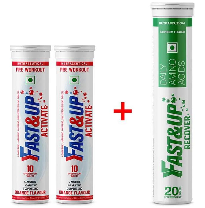 Fast&Up Combo Pack of Recover (20) & 2 Pack of Activate (10) Effervescent Tablet Raspberry & Orange