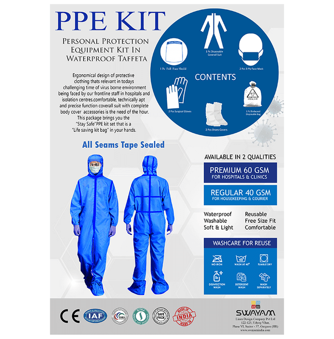 Swayam TAFFETA Premium 60 GSM for Hospitals & Clinics PPE Kit (Non Breathable) Free Size Blue Tape Sealed