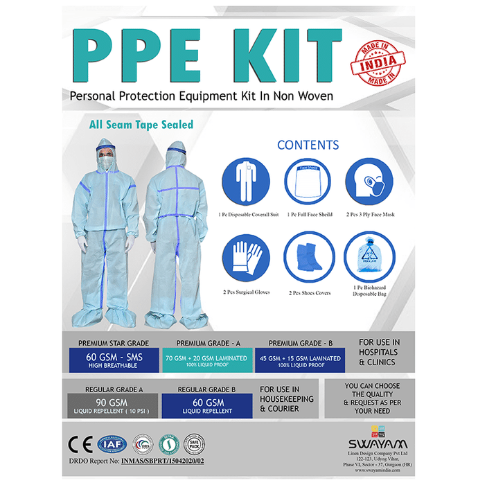 Swayam Non Woven Sealed Premium Grade-B 45 GSM+15 GSM Laminated PPE Kit (High Breathable) Free Size Blue