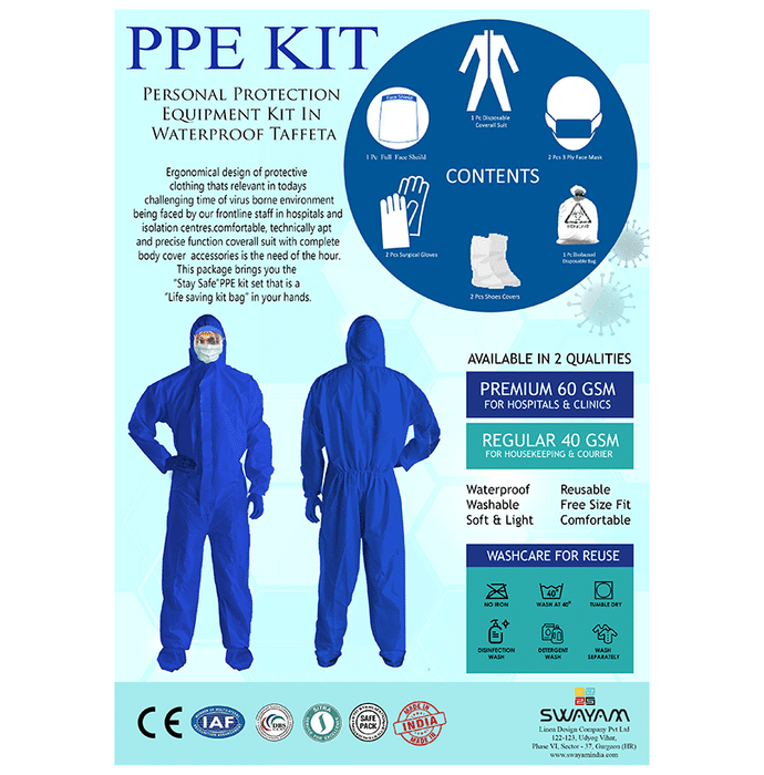 Swayam TAFFETA Premium 60 GSM for Hospitals & Clinics PPE Kit (Non Breathable) Free Size Blue Regular
