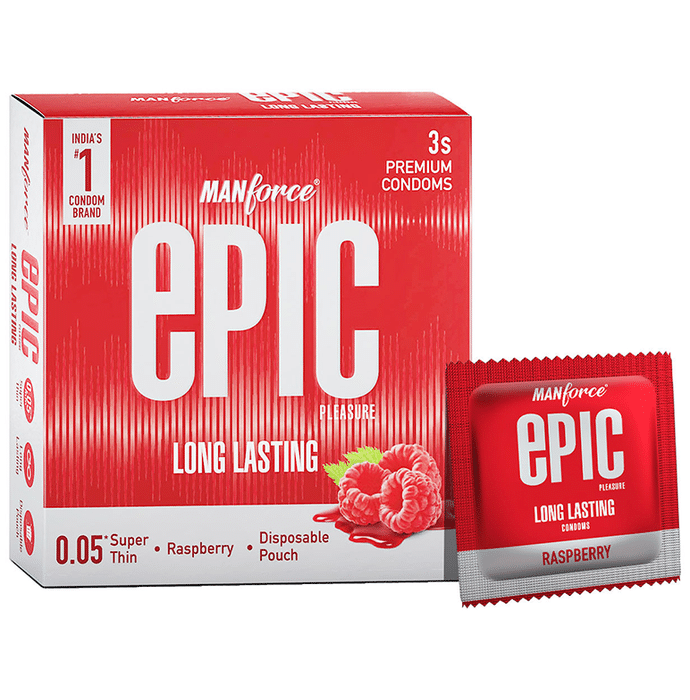 Manforce Epic Pleasure Long Lasting Premium Condom with Disposable Pouch Raspberry