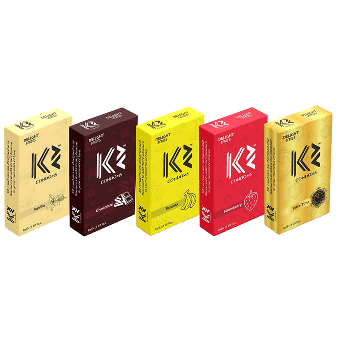 K2 Delight Series Combo Pack of Assorted Flavour Dotted Condom Chocolate, Strawberry, Banana, Vanilla, Extra-Time