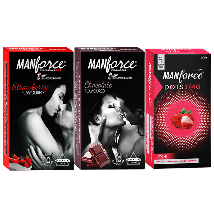 Manforce Combo Pack of Strawberry Flavoured Condom, Chocolate Flavoured Condom, Dots 1740 Litchi Flavoured Condom (10 Each)