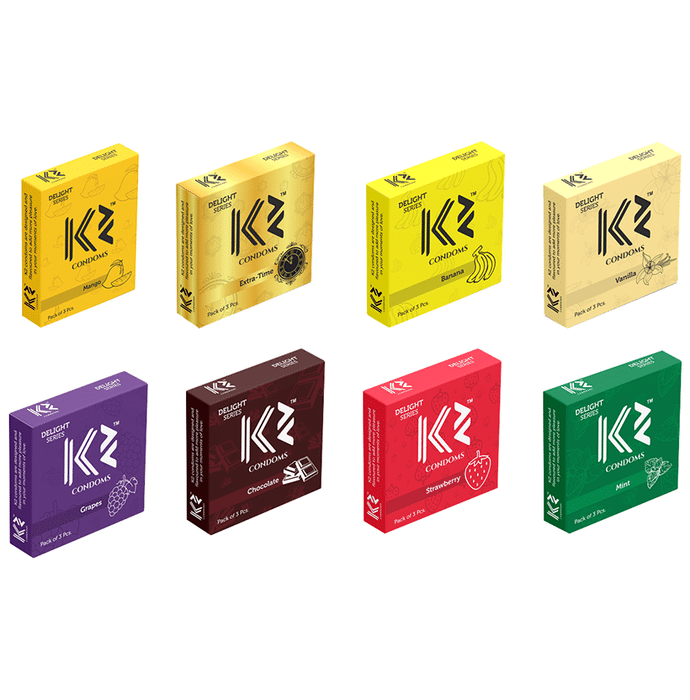 K2 Delight Series Combo Pack of Assorted Flavour Dotted Condom Chocolate, Strawberry, Banana, Mint, Vanilla, Grapes, Extra-Time, Mango