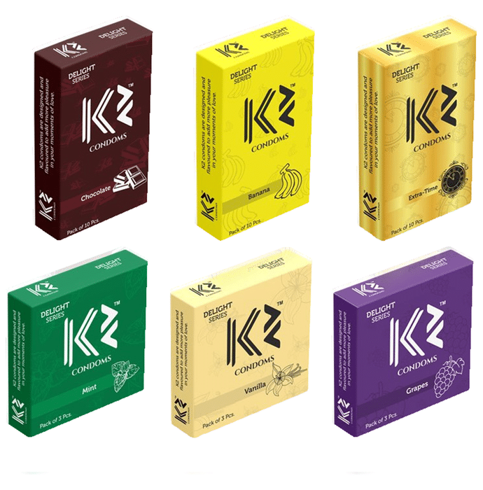 K2 Combo Pack of Dotted Condom Chocolate,Banana,Extra Time(10Pc Each) Mint,Vanilla,Grapes(3pc Each)