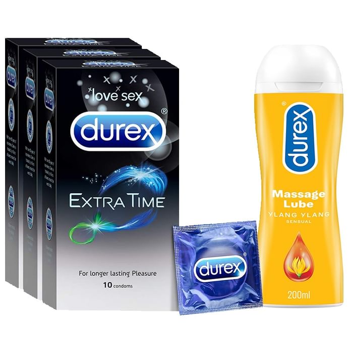 Combo Pack of Durex Extra Time Condom (10) & Durex Play Massage 2 in 1 Intimate Lubricant & Massage Gel Sensual 200ml