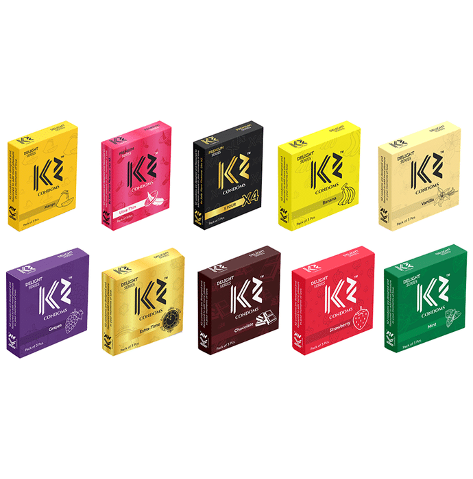 K2 Dotted Delight Series and Premium Series Condom Mango,Ultra Thin,X Four,Banana,Vanilla,Grapes,Extra Time,Chocolate,Strawberry,Mint