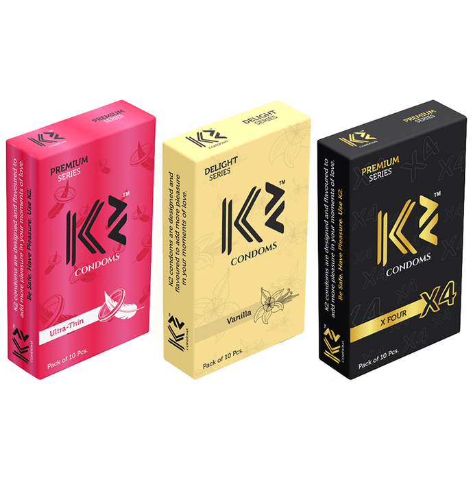 K2 Dotted Delight Series and Premium Series Condom Vanilla, X4,Ultra Thin 10 Pcs each