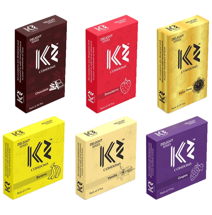K2 Combo Pack of Dotted Condom Chocolate,Strawberry,Extra Time(10Pc Each) Banana,Vanilla,Grapes(3pc Each)