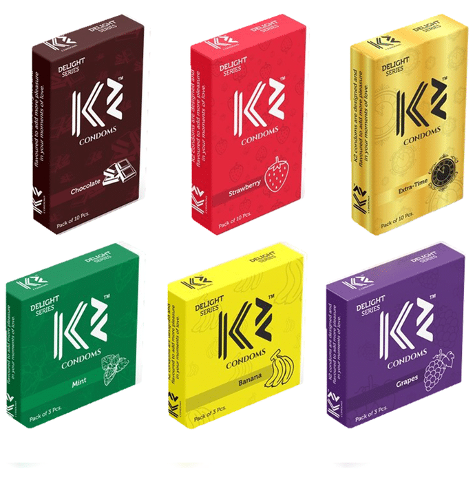 K2 Combo Pack of Dotted Condom Chocolate,Strawberry,Extra Time(10Pc Each) Mint,Banana,Grapes(3pc Each)