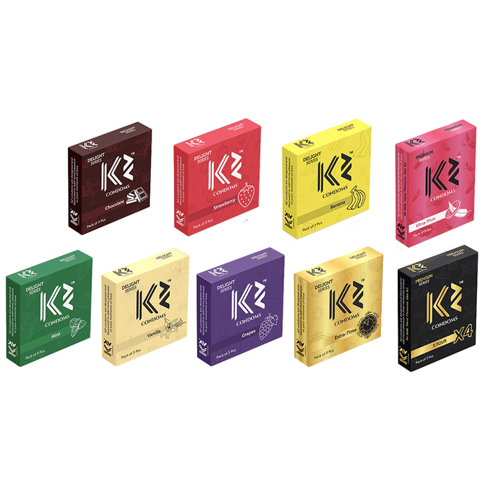 K2 Chocolate, Strawberry, Banana, Ultra-Thin, Mint, Vanilla, Grapes, Extra-Time, X4 (3pc Each) Delight Series & Premium Series Condom Combo