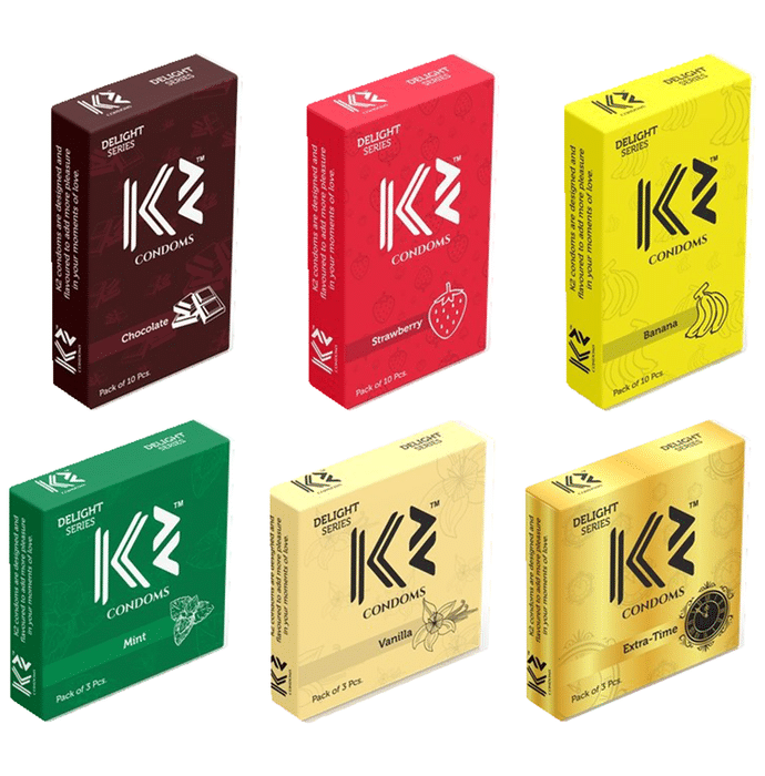 K2 Combo Pack of Dotted Condom Chocolate,Strawberry,Banana(10Pc Each) Mint,Vanilla,Extra Time(3pc Each)