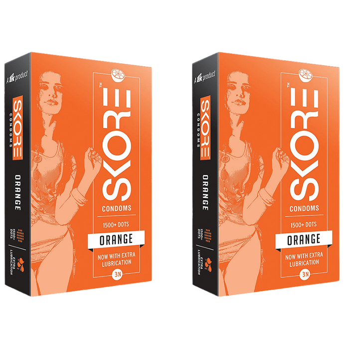 Skore 1500+ Dots Condom with Extra Lubrication (3 Each) Orange