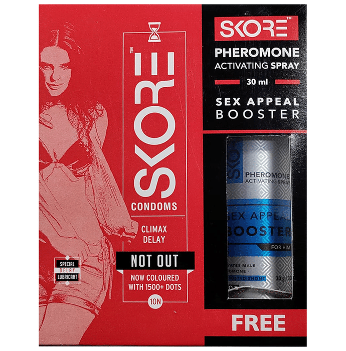 Skore Not Out Climax Delay Condom with Pheromone Activating Spray 30ml Free