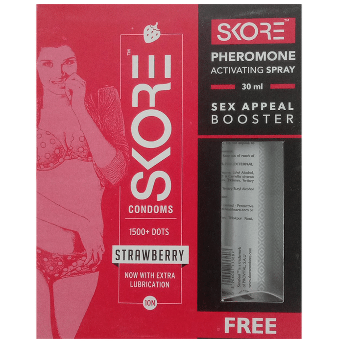 Skore Flavored Dotted & Coloured Condoms with Pheromone Activating Spray 30ml Free