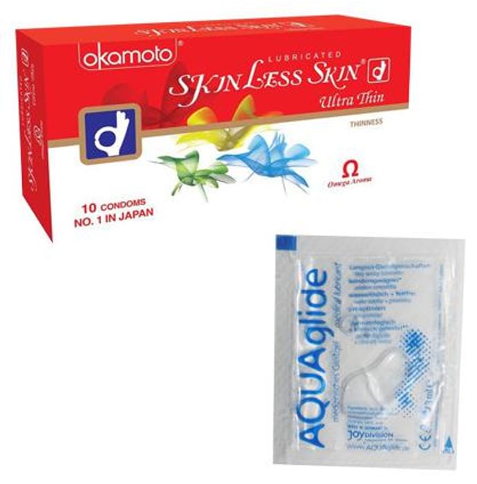 Okamoto Combo Pack of Skinless Skin Ultra Thin Condoms & Joy Division AQUAglide Lubricant