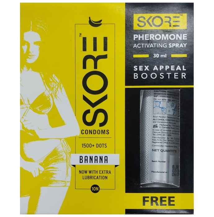 Skore Banana Flavored Dotted & Coloured Condoms with Pheromone Activating Spray 30ml Free