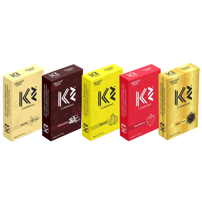 K2 Delight Series Combo Pack of Assorted Flavour Dotted Condom Vanilla,Chocolate,Banana,Strawberry & Extra-Time (10Pcs Each)