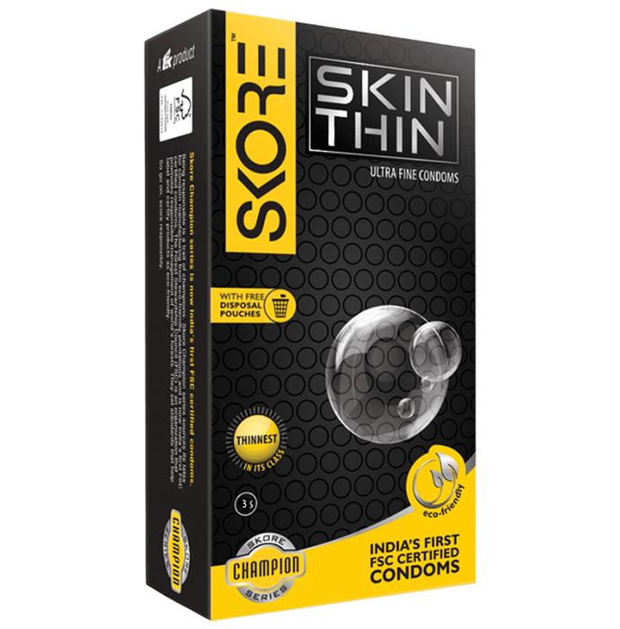 Skore Skin Thin Ultra Fine Condom with Free Disposable Pouches (3 Each)