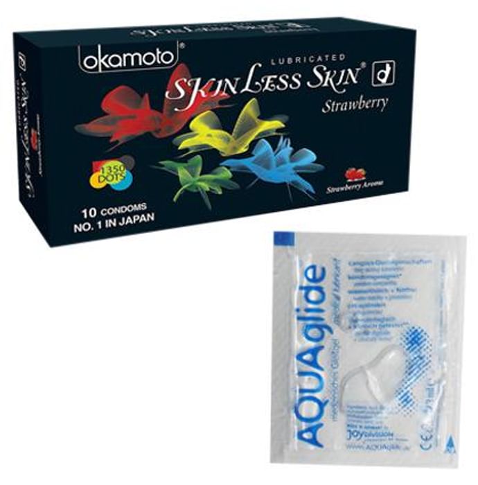 Okamoto Combo Pack of Skinless Skin Strawberry Condoms & Joy Division Aquaglide Lubricant