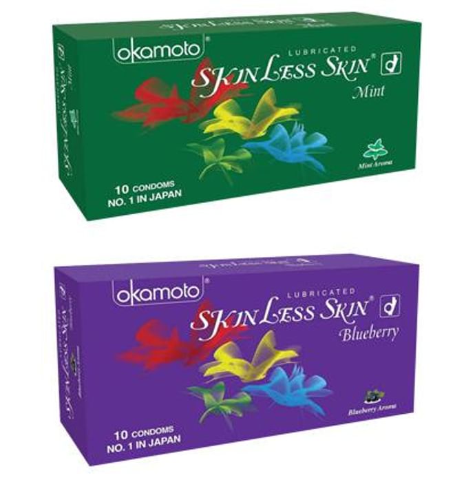 Okamoto Combo Pack of Lubricated Skinless Skin Blueberry & Mint Flavoured Condom (10 Units Each)