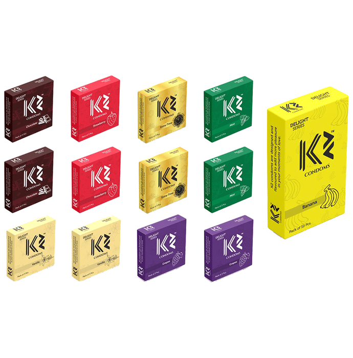 K2 Delight Series Condom with Dotted Rings Banana(10Pc) Chocolate,Strawberry,Extra Time,Mint,Vanilla,Grape(3Pc Each)(edited)